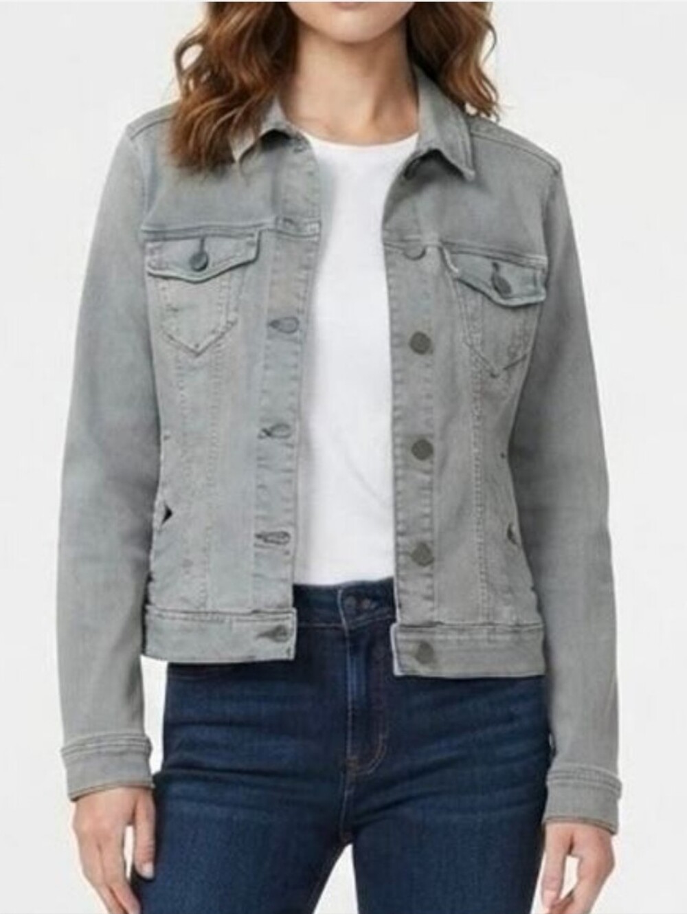 Liverpool Los Angeles Sharkskin Gray Classic Denim Trucker Jacket Ultra Stretch
